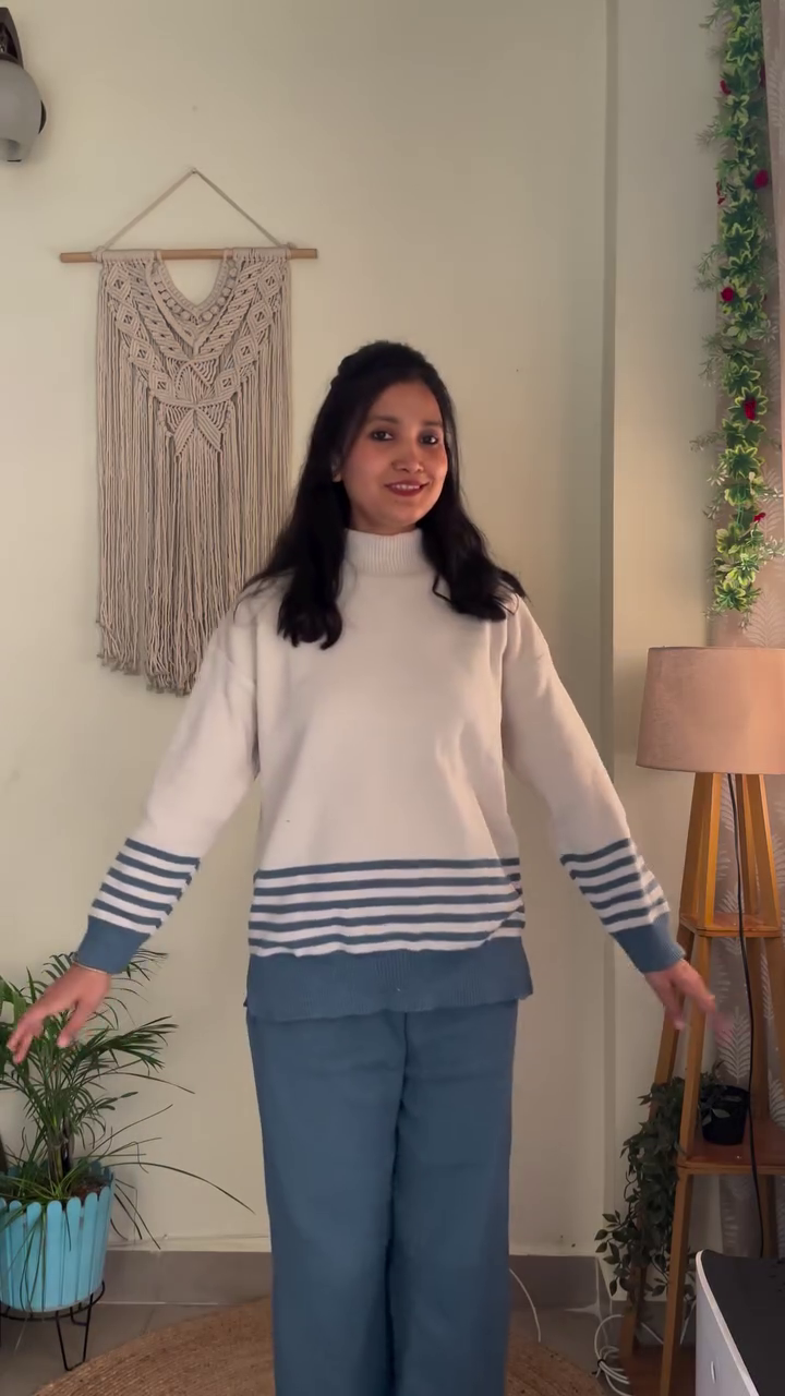 🌊Coastal Comfort Blue Striped Pullover Sweater & Matching Lounge Pants Set with Relaxed Fit🌊