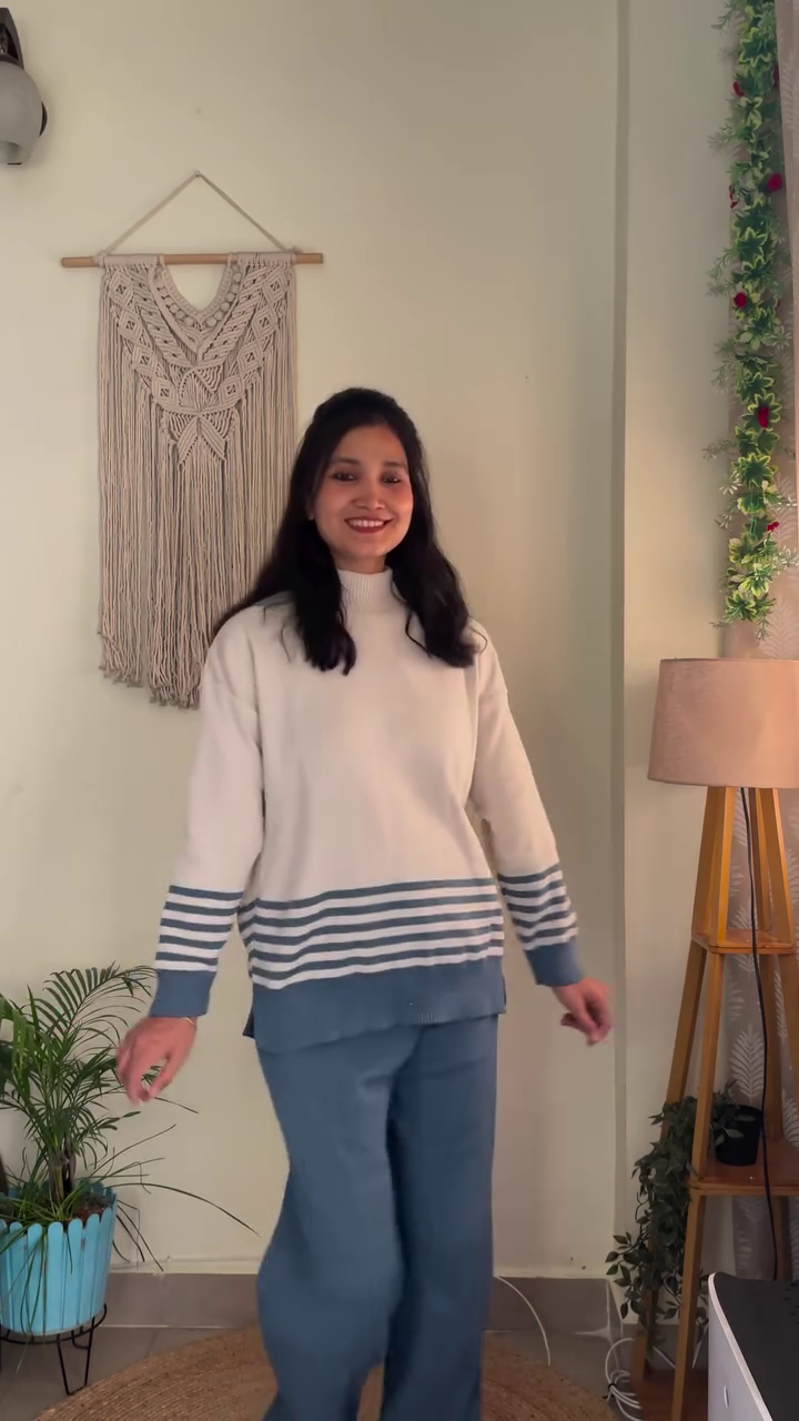 🌊Coastal Comfort Blue Striped Pullover Sweater & Matching Lounge Pants Set with Relaxed Fit🌊