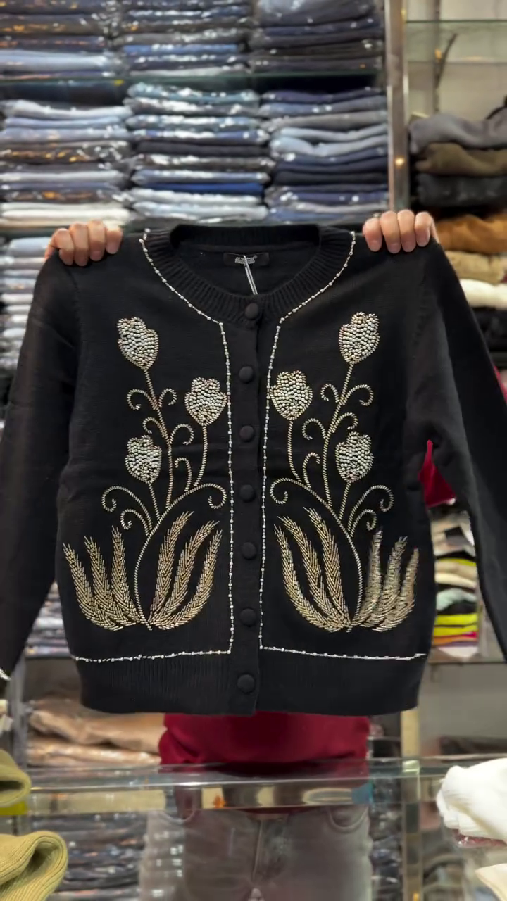 🌾Ivory Elegance Embroidered Pearl-Button Cardigan with Ornate Floral & Wheat Motif Detailing🌾