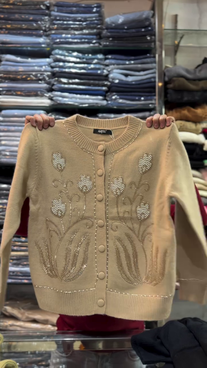 🌾Ivory Elegance Embroidered Pearl-Button Cardigan with Ornate Floral & Wheat Motif Detailing🌾