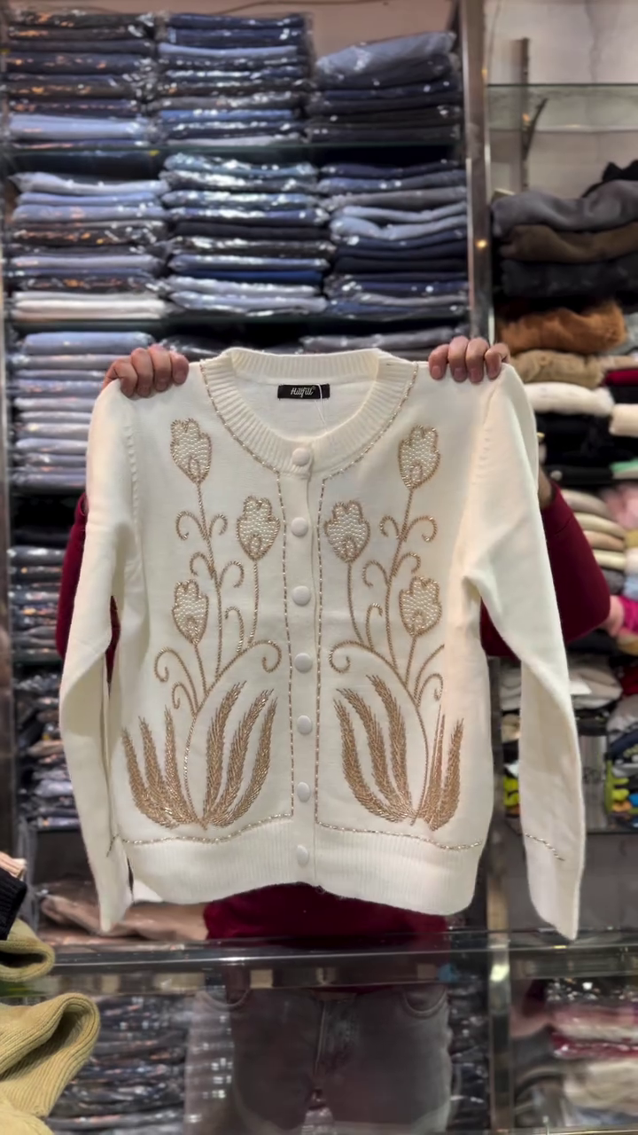 🌾Ivory Elegance Embroidered Pearl-Button Cardigan with Ornate Floral & Wheat Motif Detailing🌾