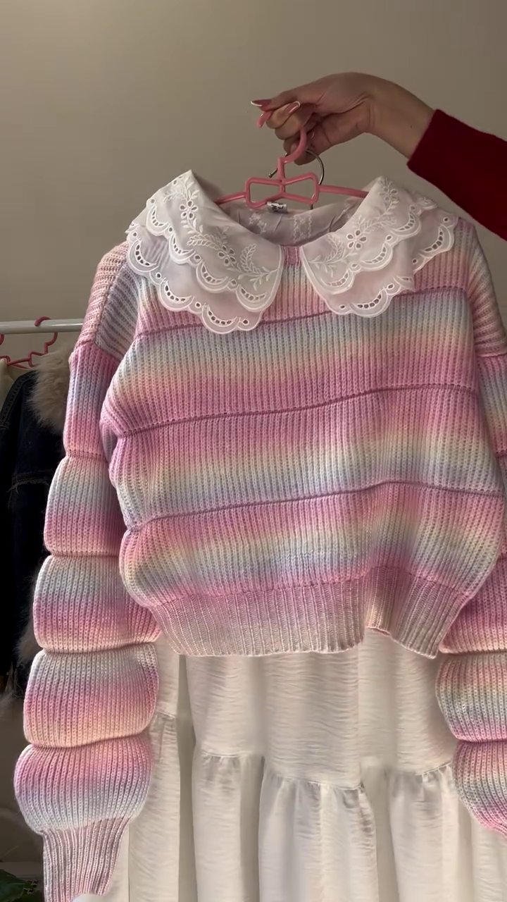 🌈Pastel Dream Puff Sleeve Striped Knit Sweater & Angel Collar Tiered Skirt Set For Sweetest Days🌈