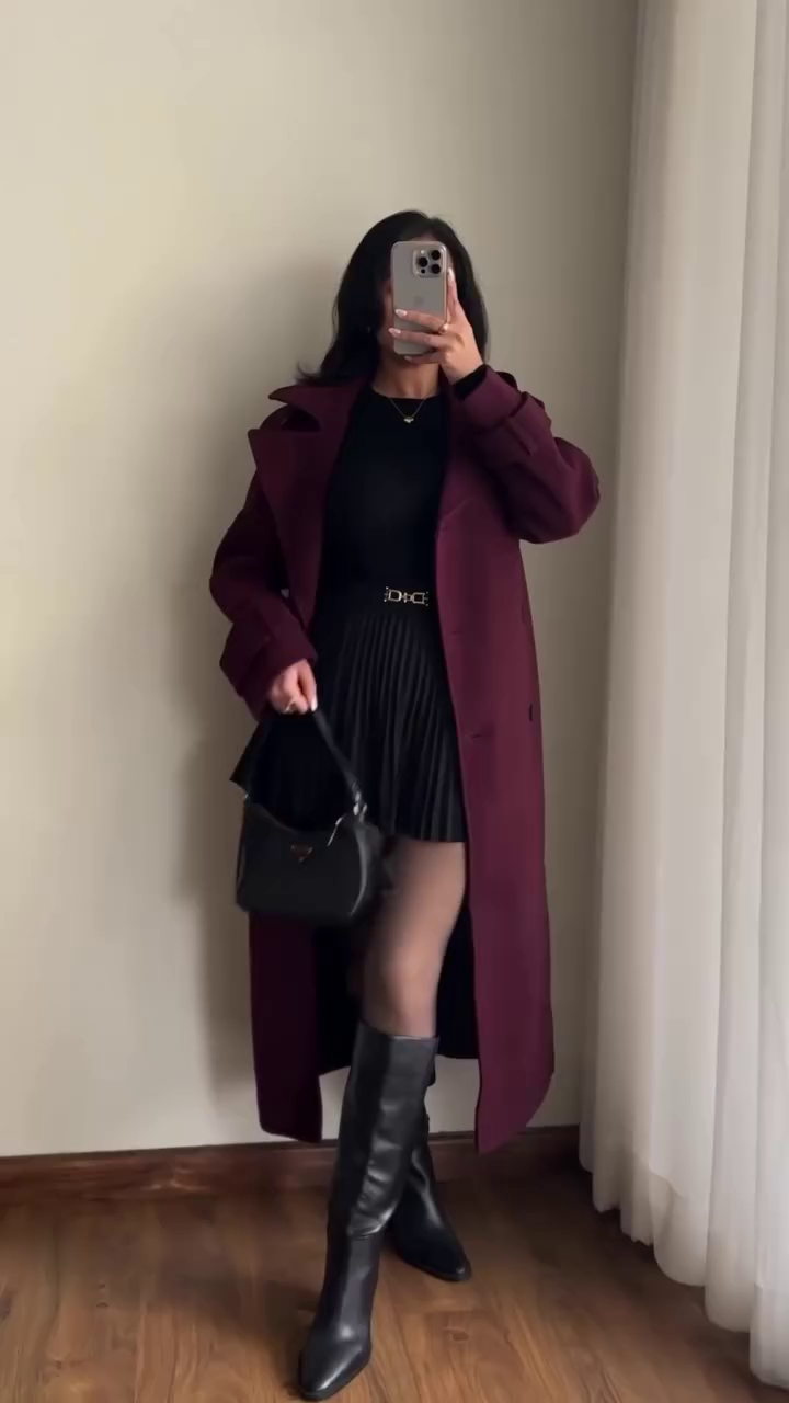 Wine Longline Coat & Black Pleated Skirt Outfit ⚡️🖤