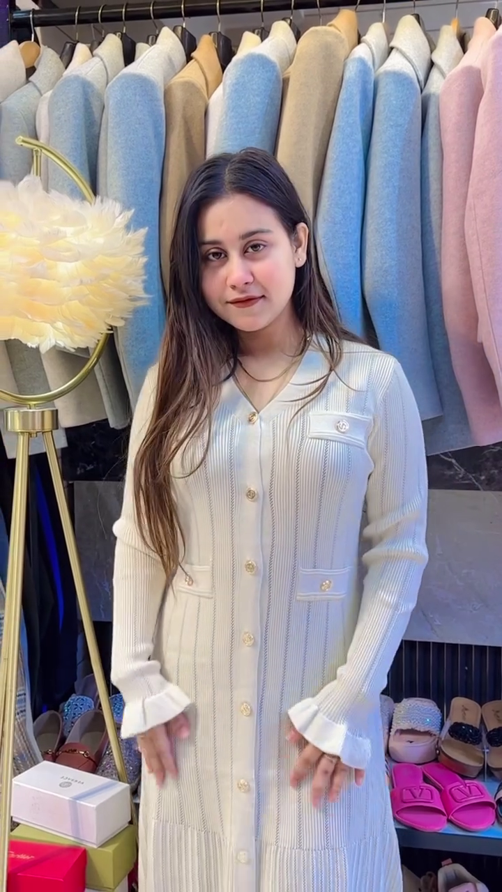 Ivory Ribbed Button‑Down Long Knit Dress with Gold Detail 🤍✨