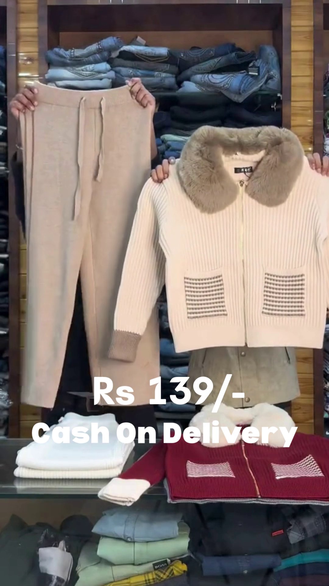 Black Ribbed Zip‑Up Jacket with Faux Fur Collar & White Knit Jogger Set 🖤🤍❄️