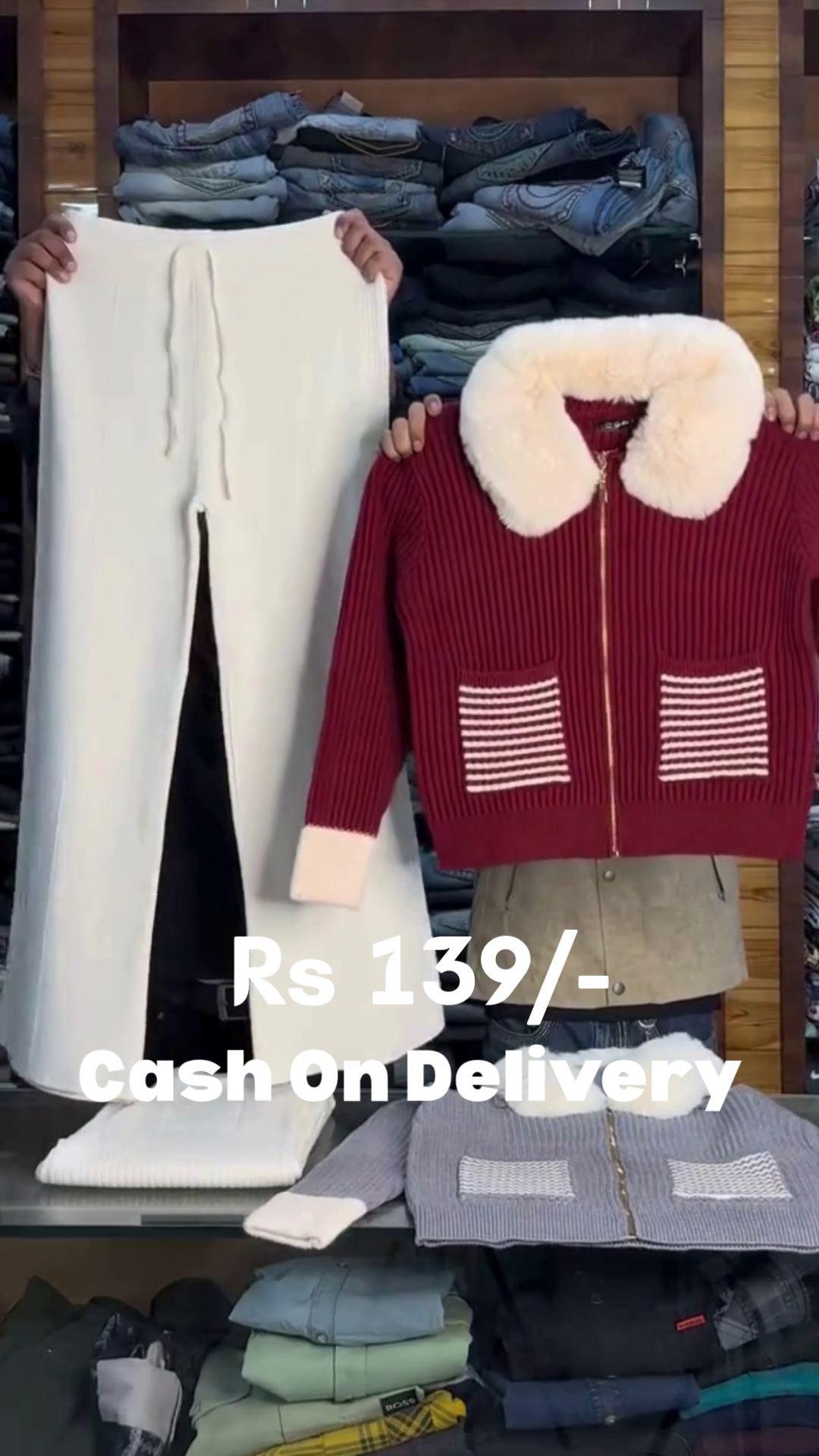 Black Ribbed Zip‑Up Jacket with Faux Fur Collar & White Knit Jogger Set 🖤🤍❄️