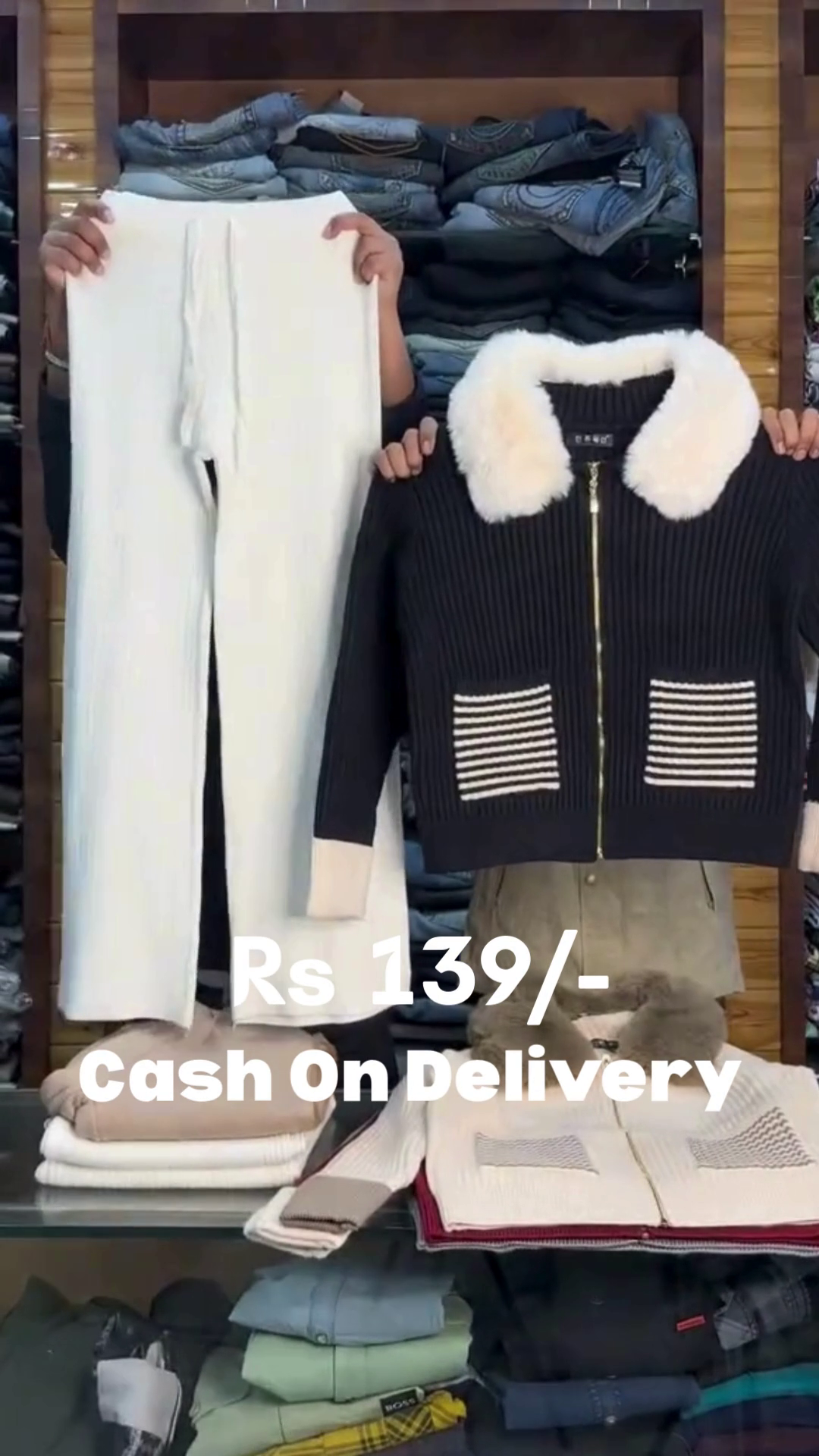 Black Ribbed Zip‑Up Jacket with Faux Fur Collar & White Knit Jogger Set 🖤🤍❄️