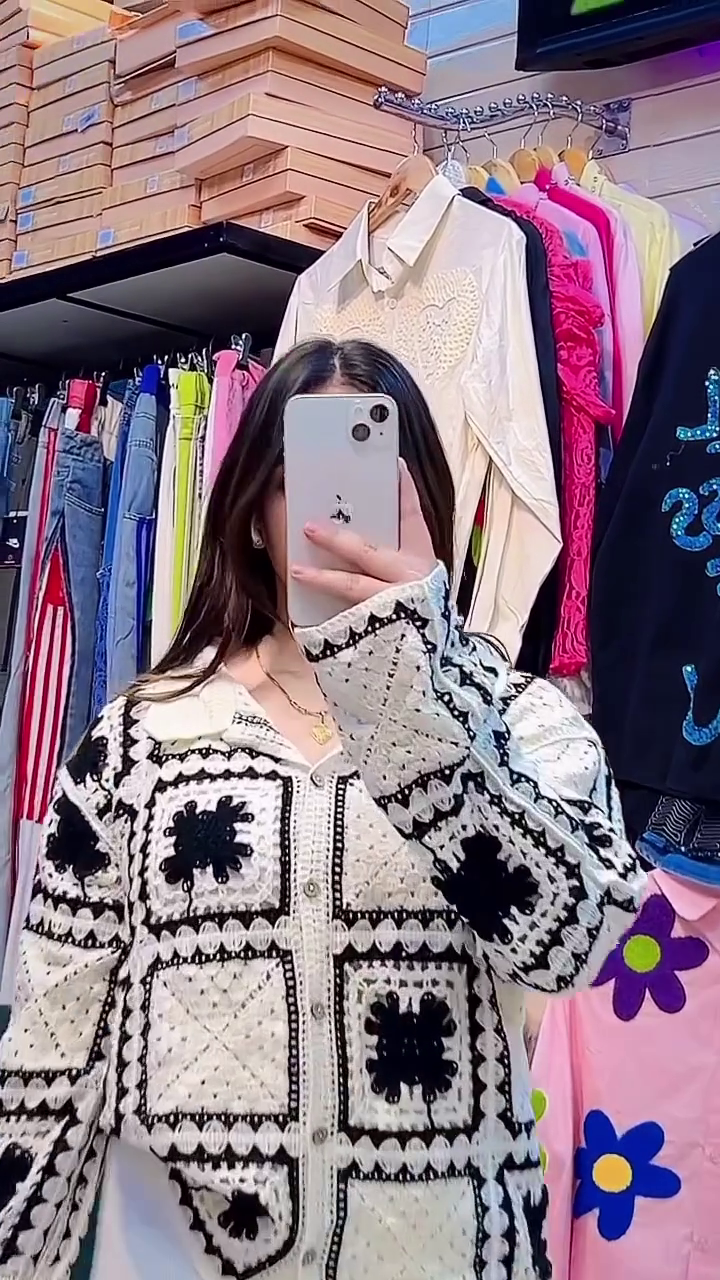 Black & White Crochet Patchwork Button Cardigan with Wide‑Leg Knit Pants 🖤🤍