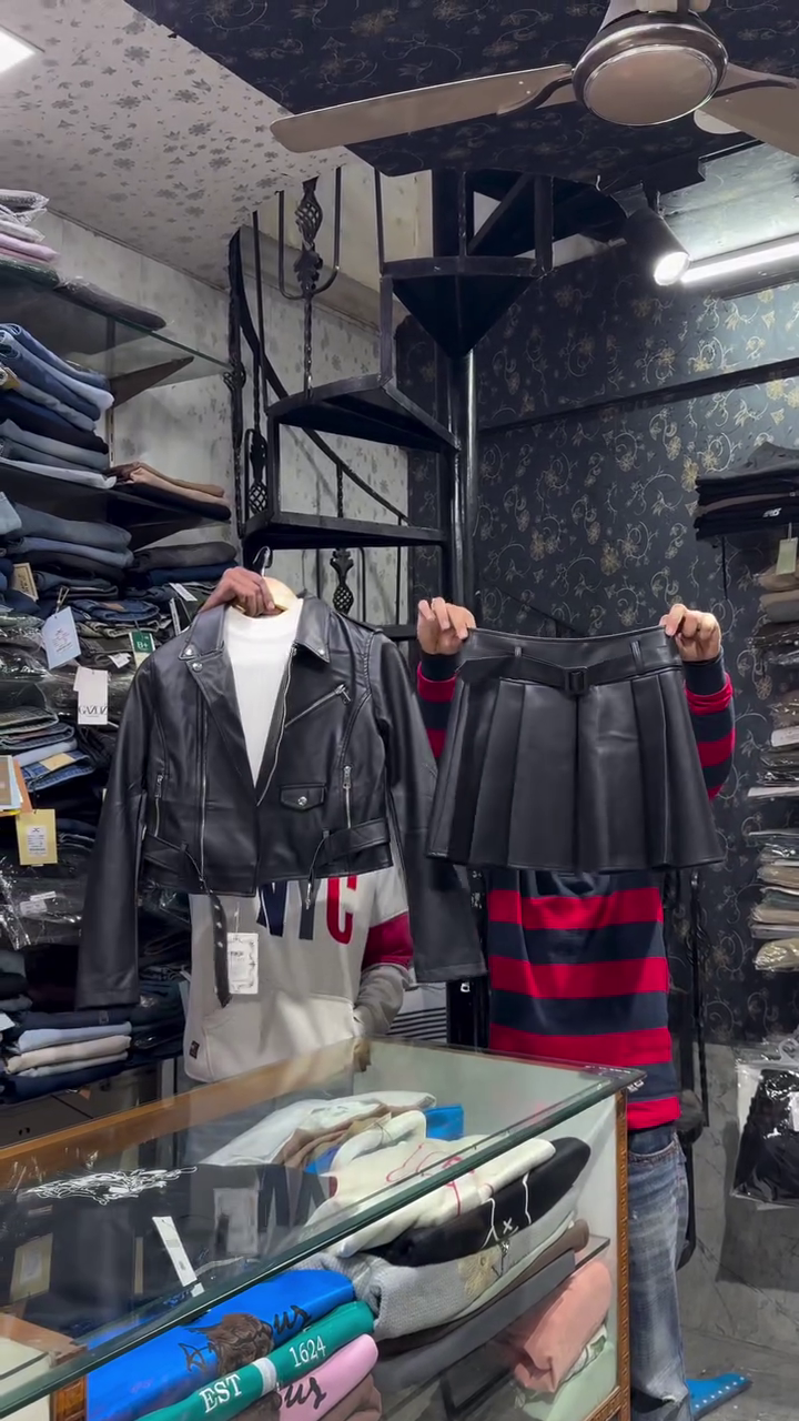 Black Faux Leather Biker Jacket and Pleated Mini Skirt Co‑ord Set 🖤⚡️