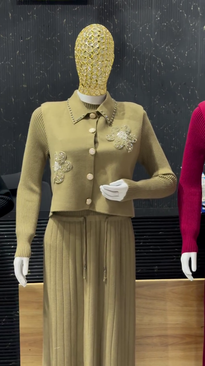 Golden Beige Embellished Knit Co‑ord with Pearl Collar and Pleated Skirt Set 💛✨