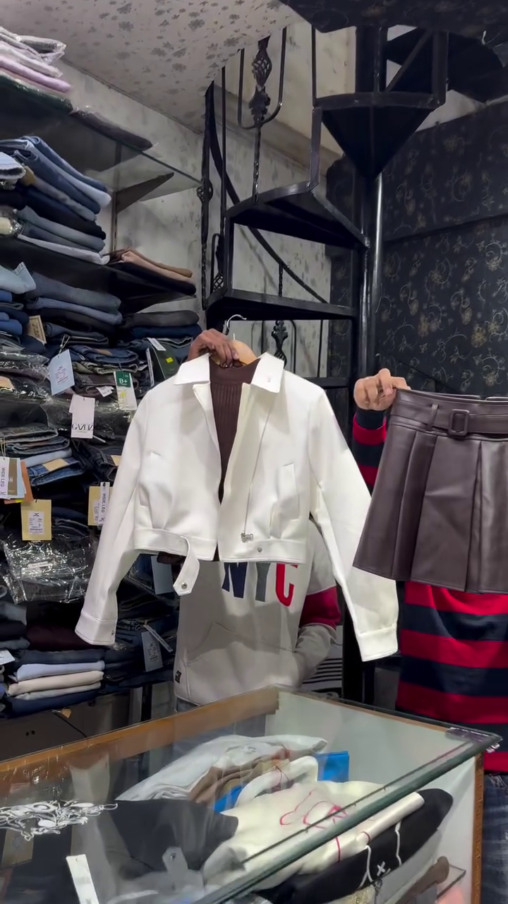 White Cropped Jacket with Brown Knit Inner and Pleated Faux Leather Mini Skirt Set 🤎🤍