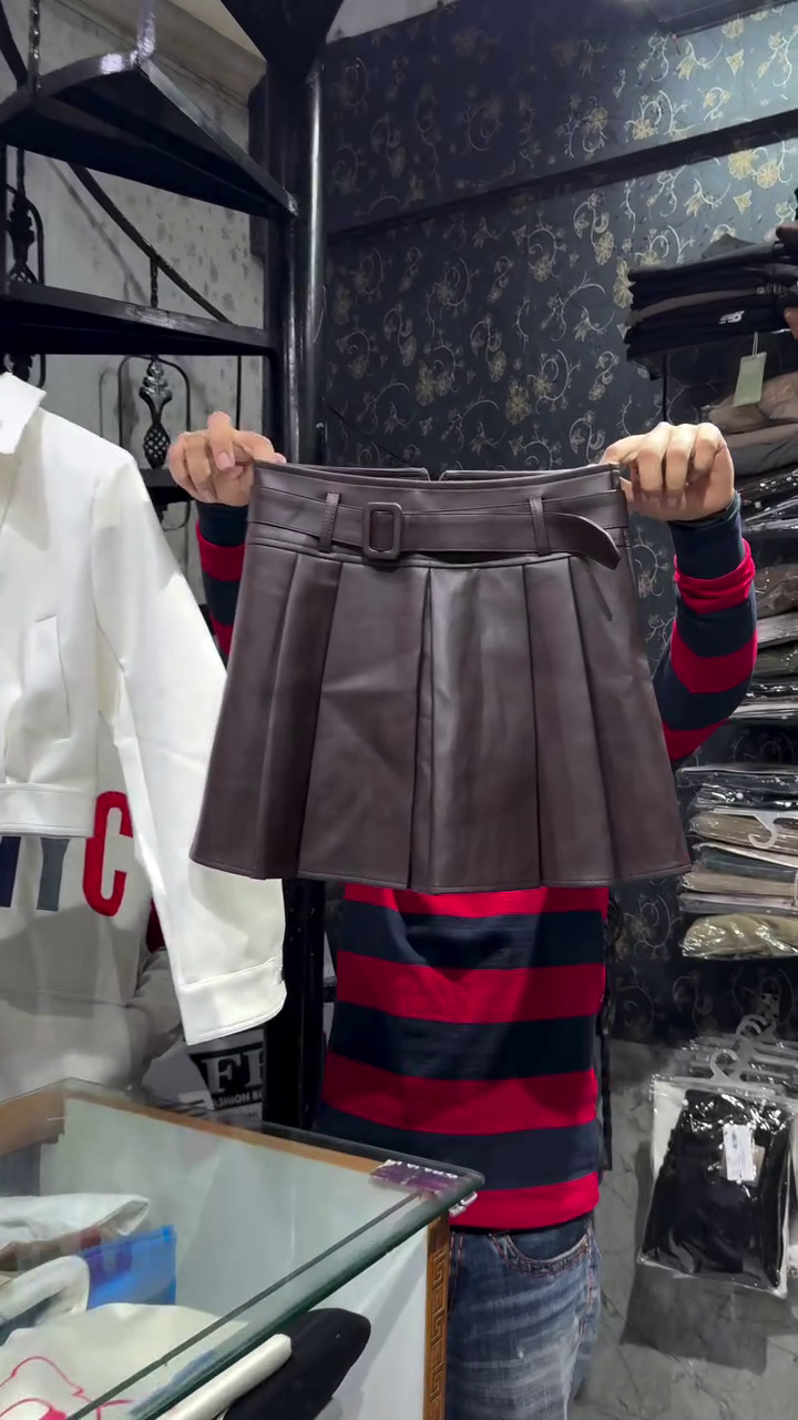 White Cropped Jacket with Brown Knit Inner and Pleated Faux Leather Mini Skirt Set 🤎🤍