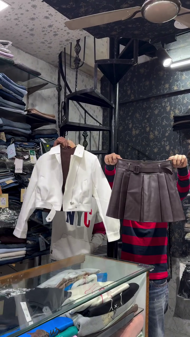 White Cropped Jacket with Brown Knit Inner and Pleated Faux Leather Mini Skirt Set 🤎🤍