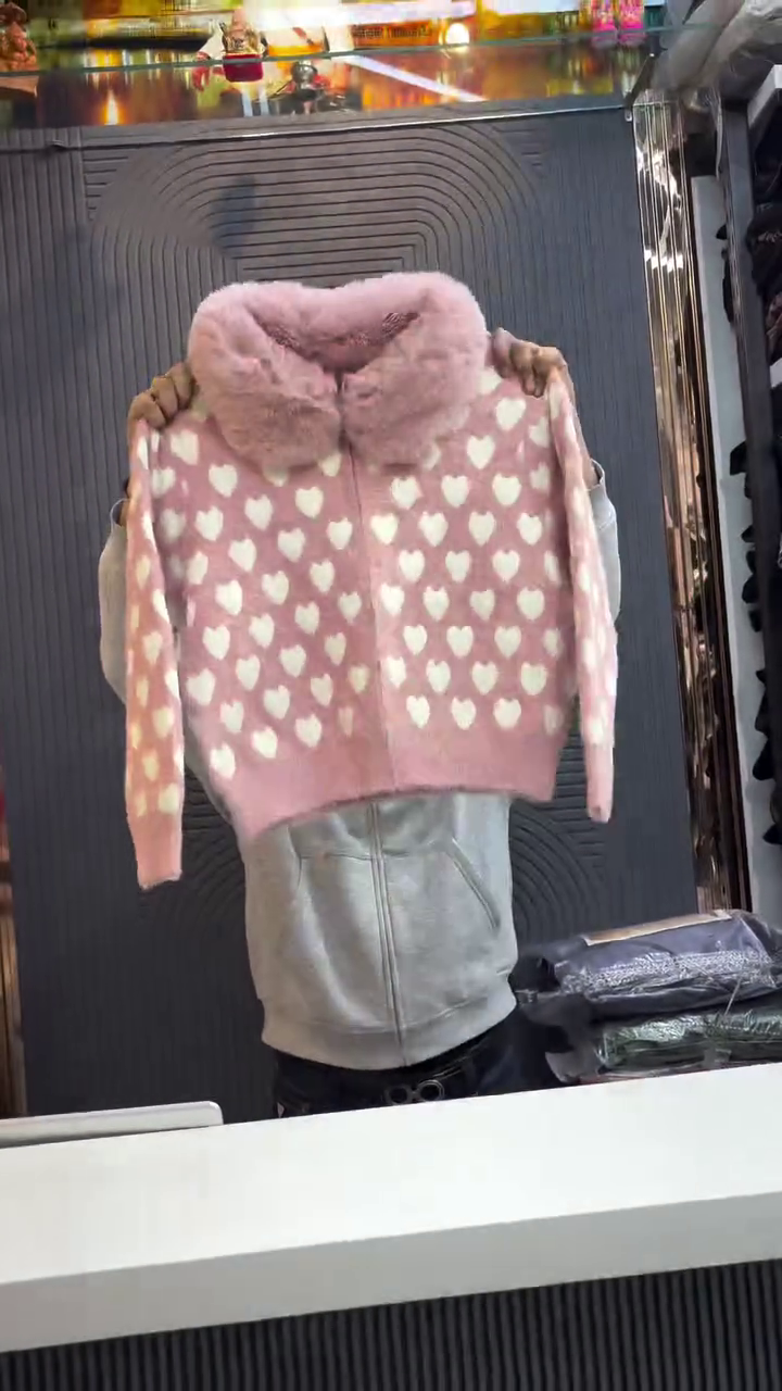 Fluffy Pink Heart Print Zip Cardigan with Faux Fur Collar❄️