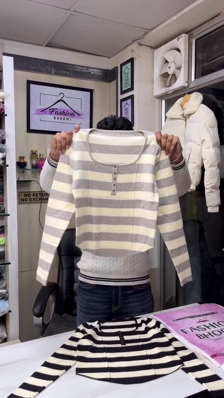 Cream & Charcoal Striped Fitted Henley Knit Top 🤍🖤