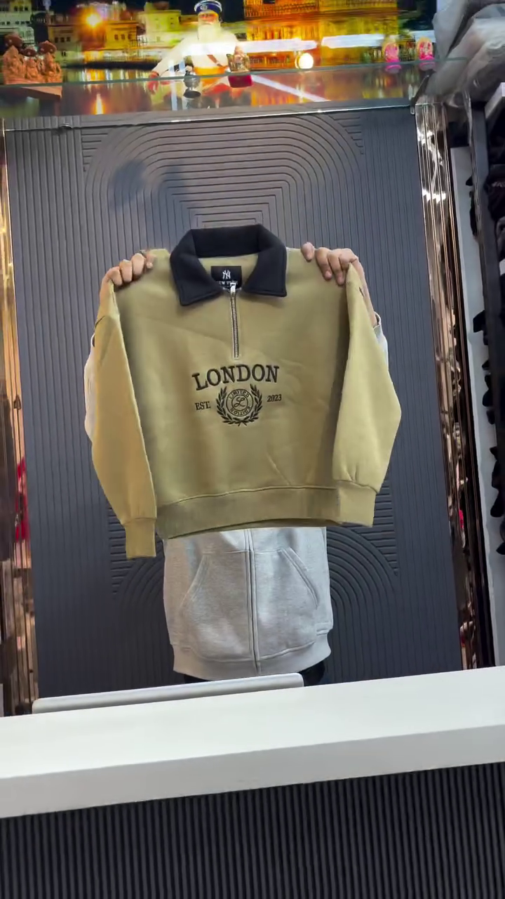 Cream Half‑Zip Contrast Collar “City Crest” Sweatshirt 🤍🖤