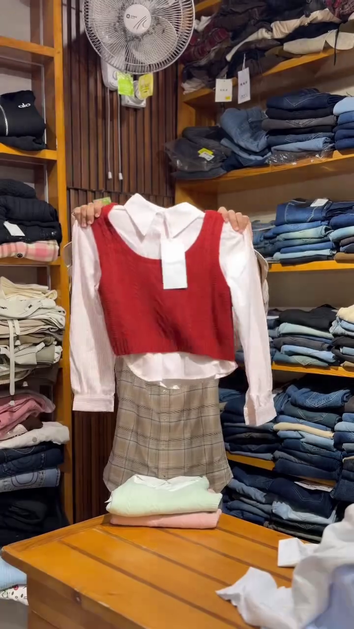 Blue Cable Knit Crop Vest over White Shirt with Plaid Skirt Academic Set 💙🤍