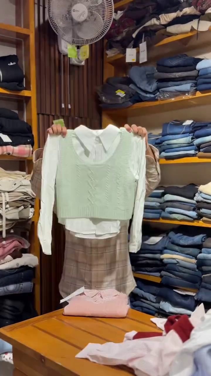 Blue Cable Knit Crop Vest over White Shirt with Plaid Skirt Academic Set 💙🤍