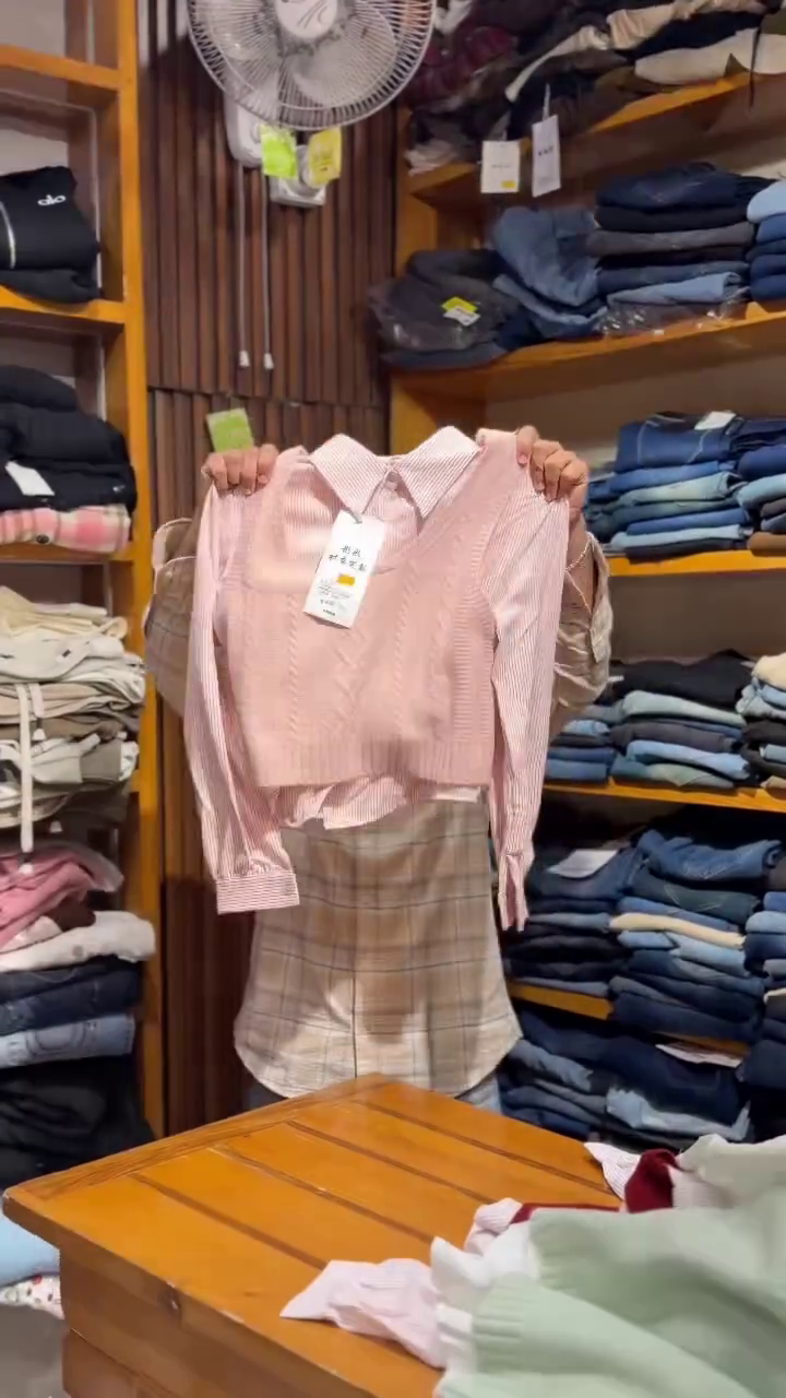 Blue Cable Knit Crop Vest over White Shirt with Plaid Skirt Academic Set 💙🤍