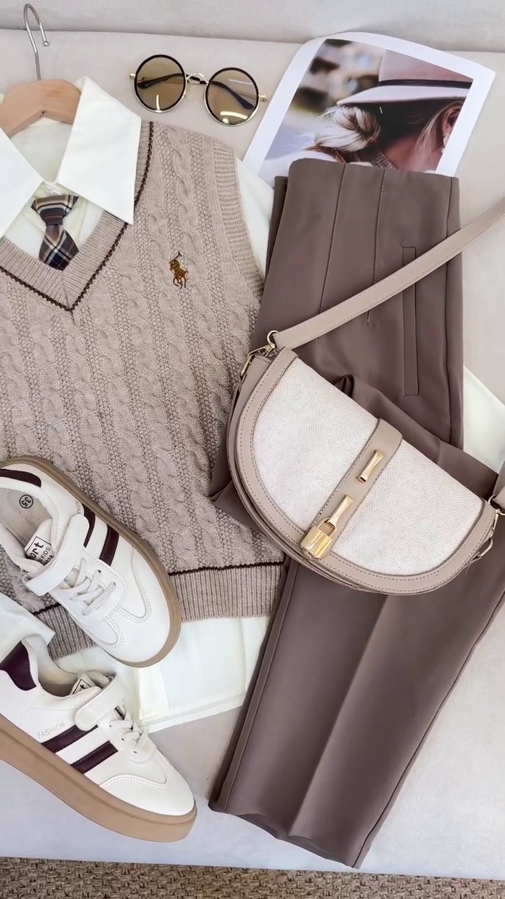 Neutral Cable Knit Sweater Vest, Shirt & Tailored Trouser Preppy Set 🤍🤎👔