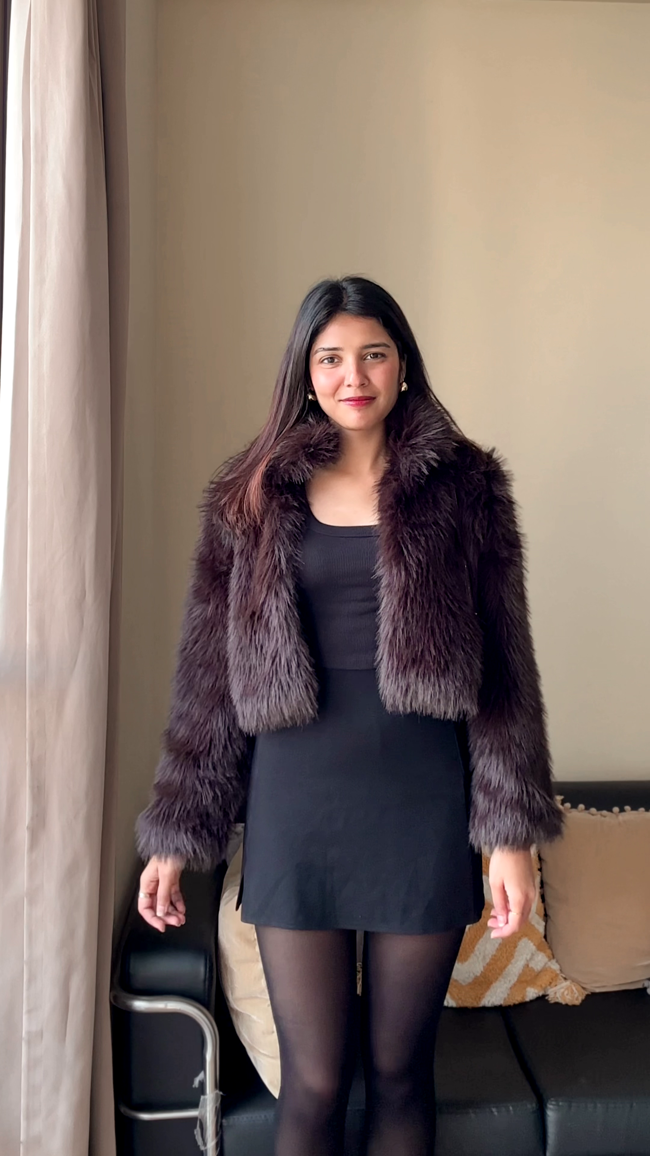 Deep Chocolate Faux Fur Cropped Jacket with Black Bodycon Dress Set 🤎🖤