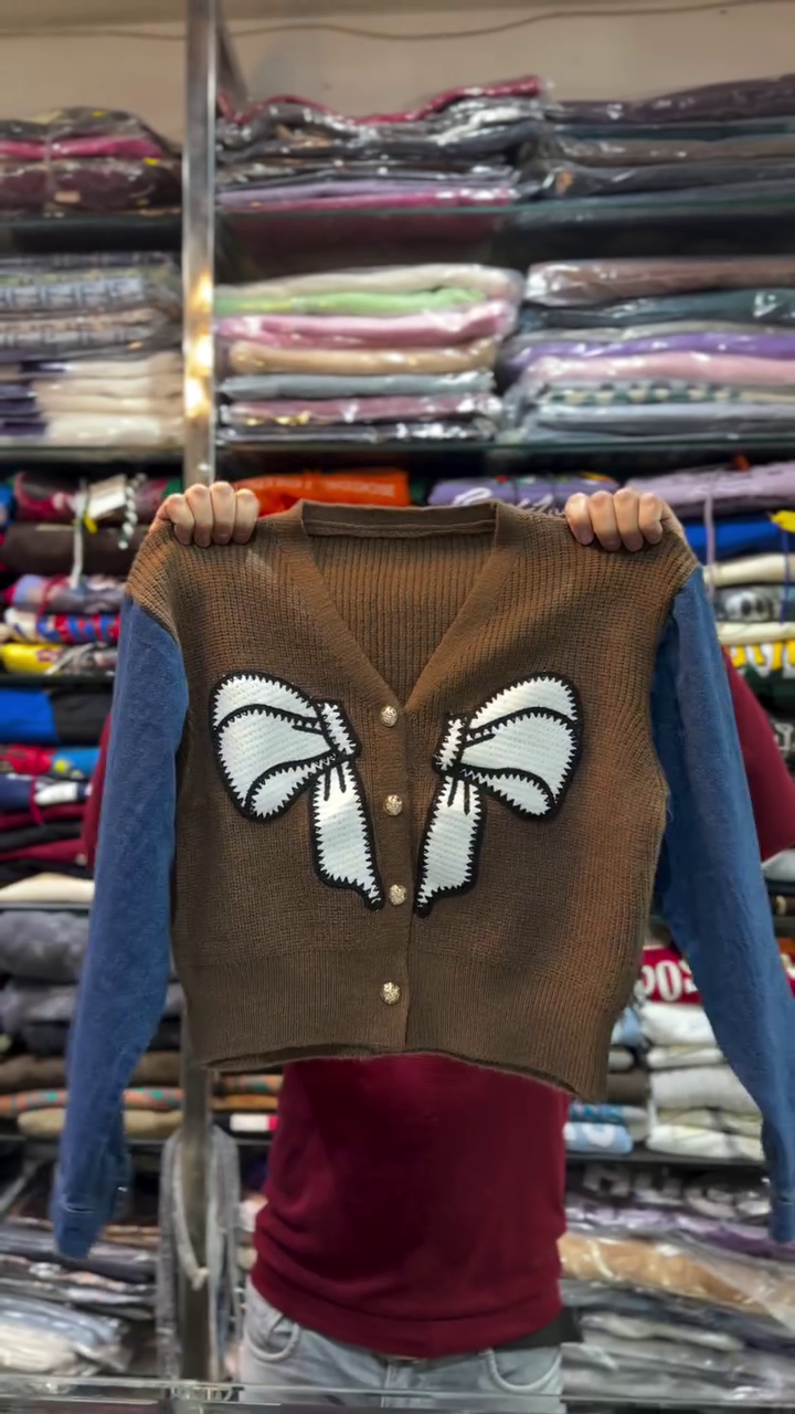 Cream & Denim Blue Big Bow Button‑Down Knit Cardigan 🤍💙🎀