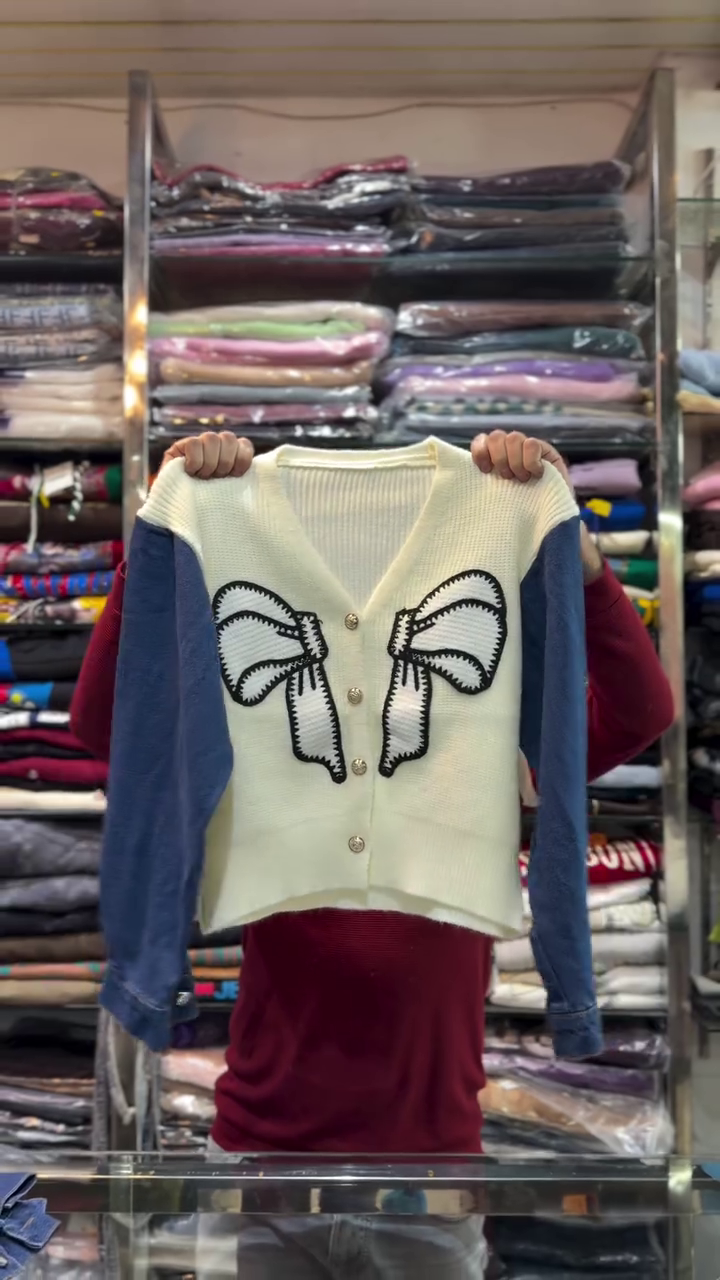 Cream & Denim Blue Big Bow Button‑Down Knit Cardigan 🤍💙🎀