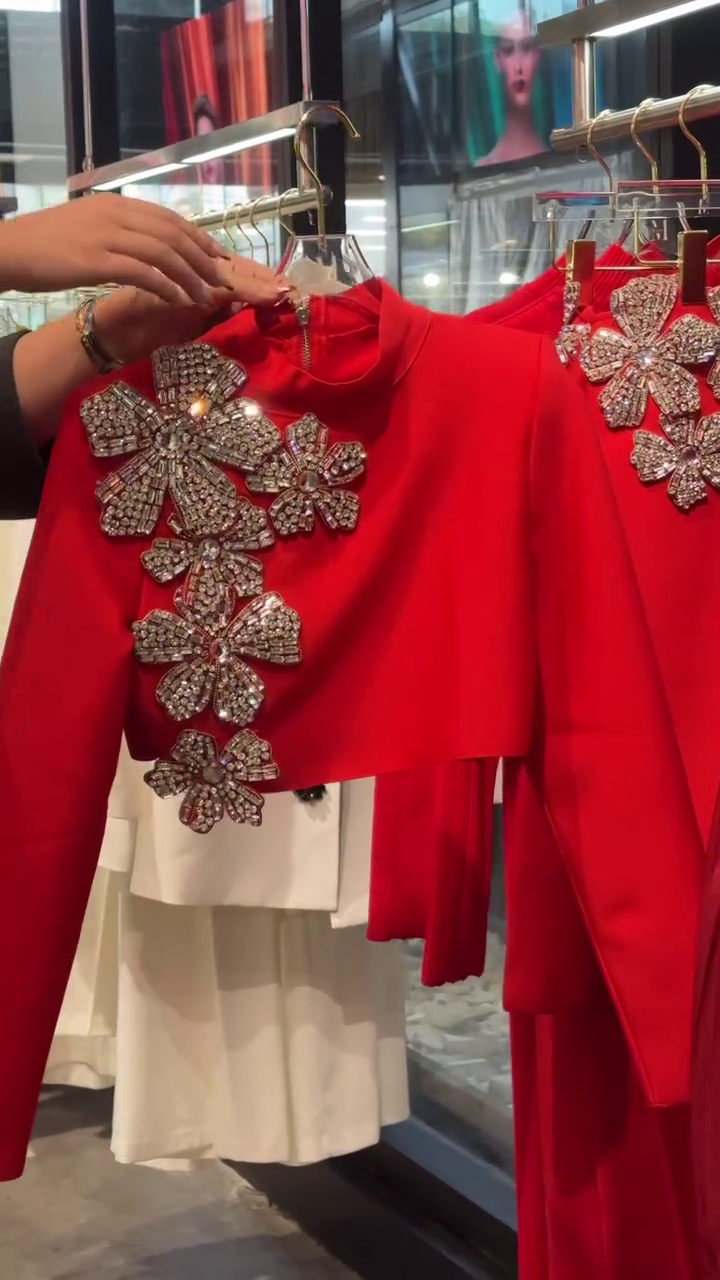 Fiery Red Crystal Floral Embellished Gown with Matching Crop Overlay 🔴🌺✨