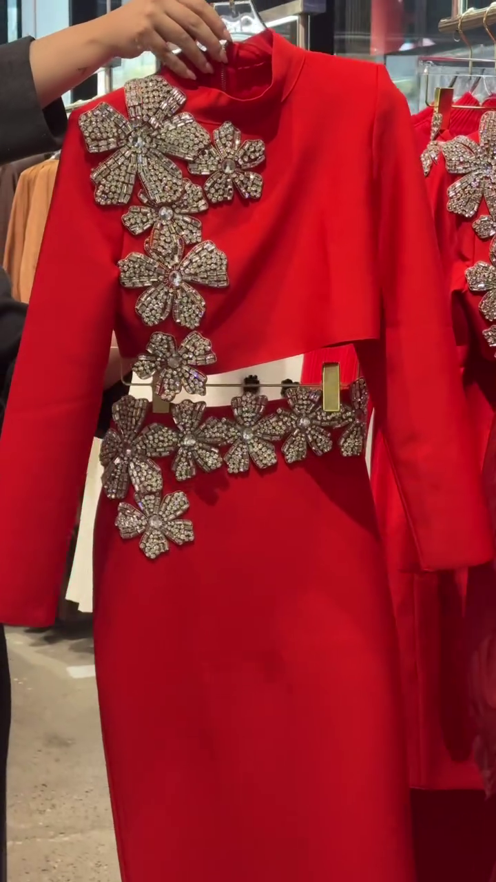 Fiery Red Crystal Floral Embellished Gown with Matching Crop Overlay 🔴🌺✨