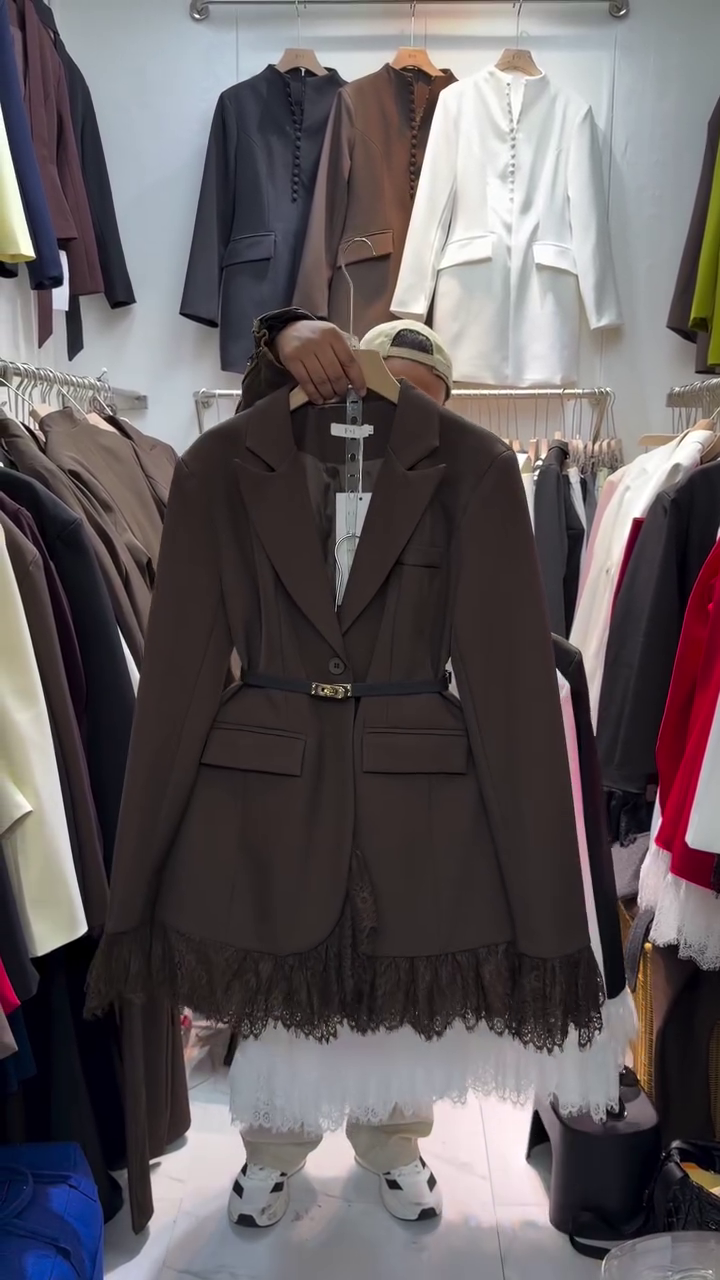 “Lace Ledger: Brown Blazer of Structure, Story & Feminine Edge 🧥🖋️🌸”