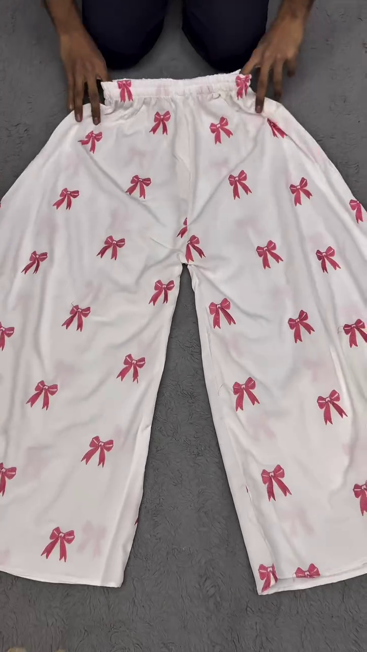 “Ribbon Reverie: Satin Bow-Print Co-Ord of Dreamy Drama & Lounge Luxe 🎀🤍✨”