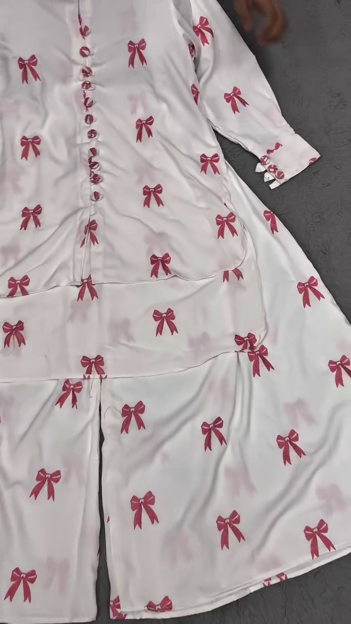 “Ribbon Reverie: Satin Bow-Print Co-Ord of Dreamy Drama & Lounge Luxe 🎀🤍✨”