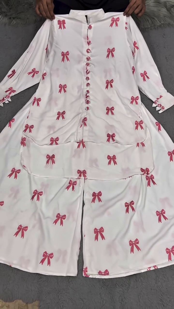 “Ribbon Reverie: Satin Bow-Print Co-Ord of Dreamy Drama & Lounge Luxe 🎀🤍✨”