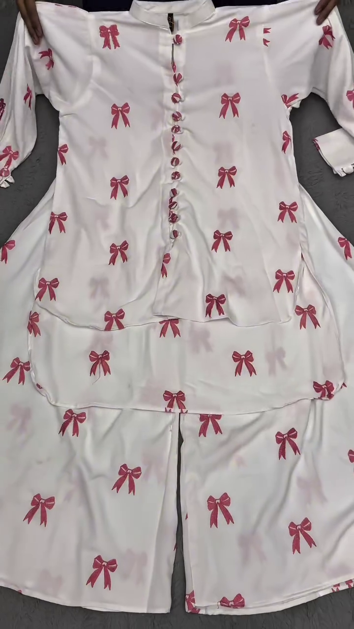 “Ribbon Reverie: Satin Bow-Print Co-Ord of Dreamy Drama & Lounge Luxe 🎀🤍✨”