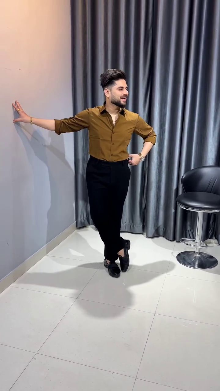 Earthy Brown Rolled-Sleeve Button-Up Shirt with Black Trousers and Loafers 🌿👔🍂🖤✨