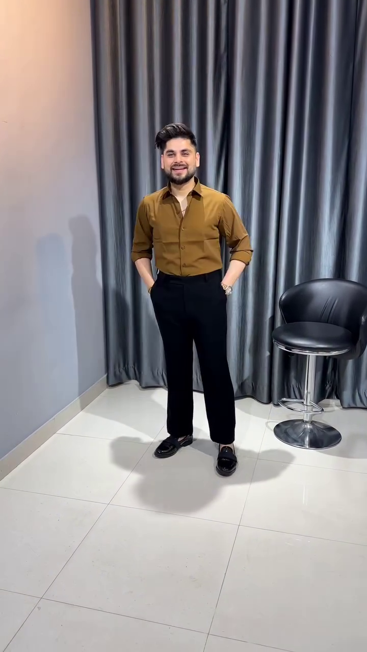 Earthy Brown Rolled-Sleeve Button-Up Shirt with Black Trousers and Loafers 🌿👔🍂🖤✨