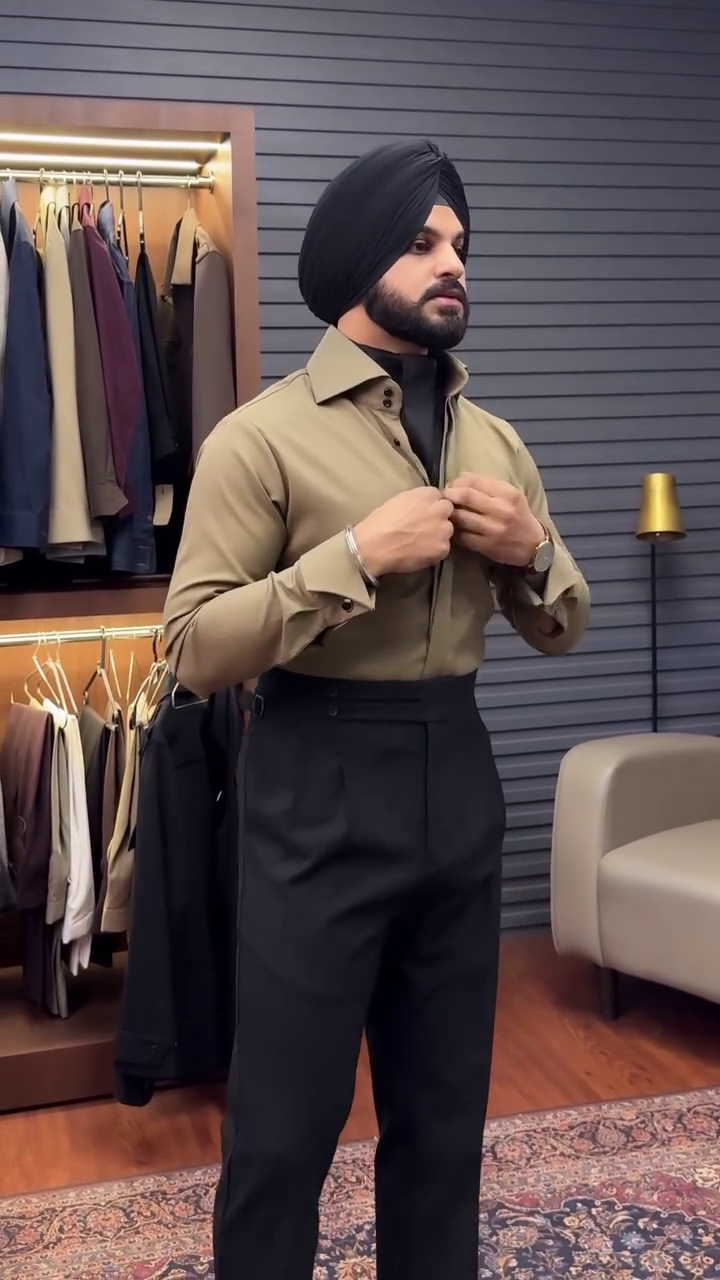 Sophisticated Black Turban with Beige Button-Up Shirt and High-Waisted Black Trousers Ensemble 👑👔🖤🌾✨