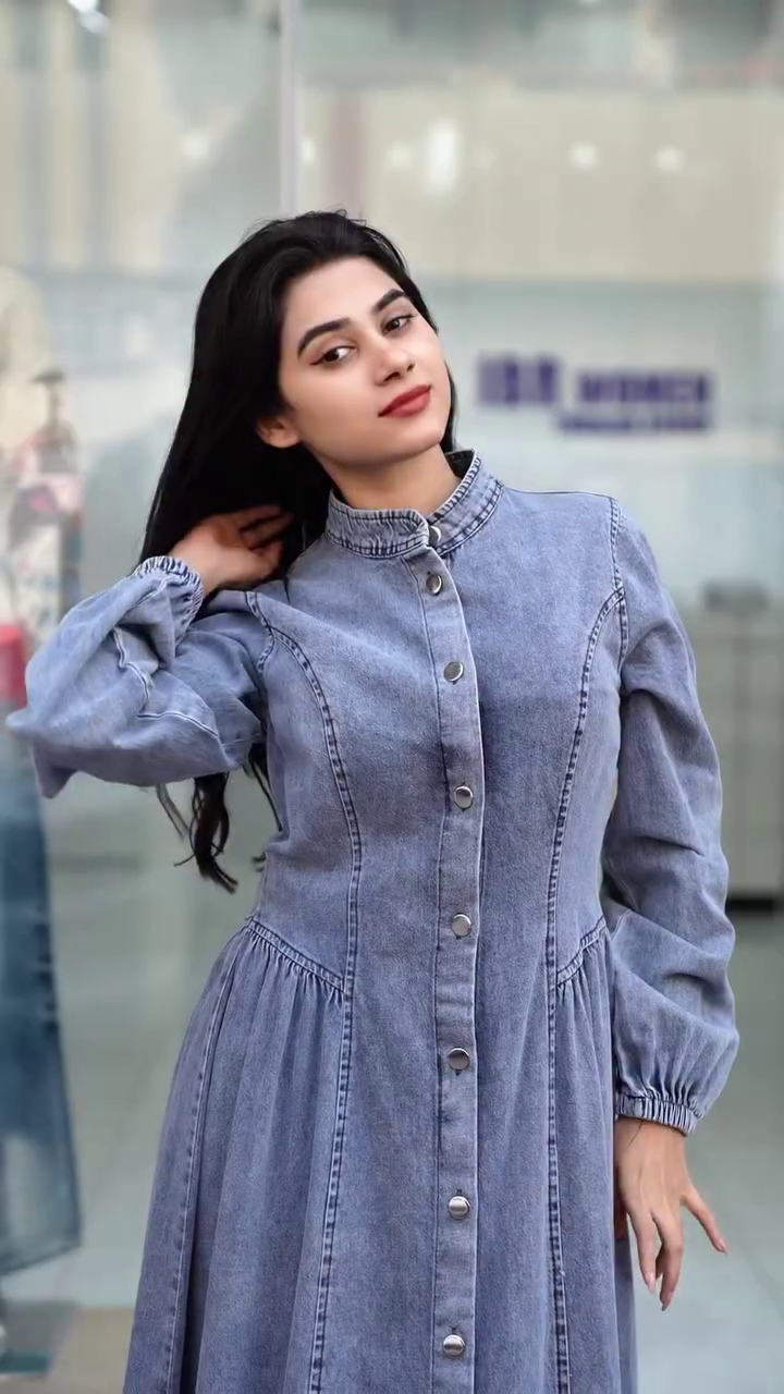 Full-Sleeve High-Collar Denim Dress with Ruffle Detailing and Flared Silhouette 👗👖💙🌟✨