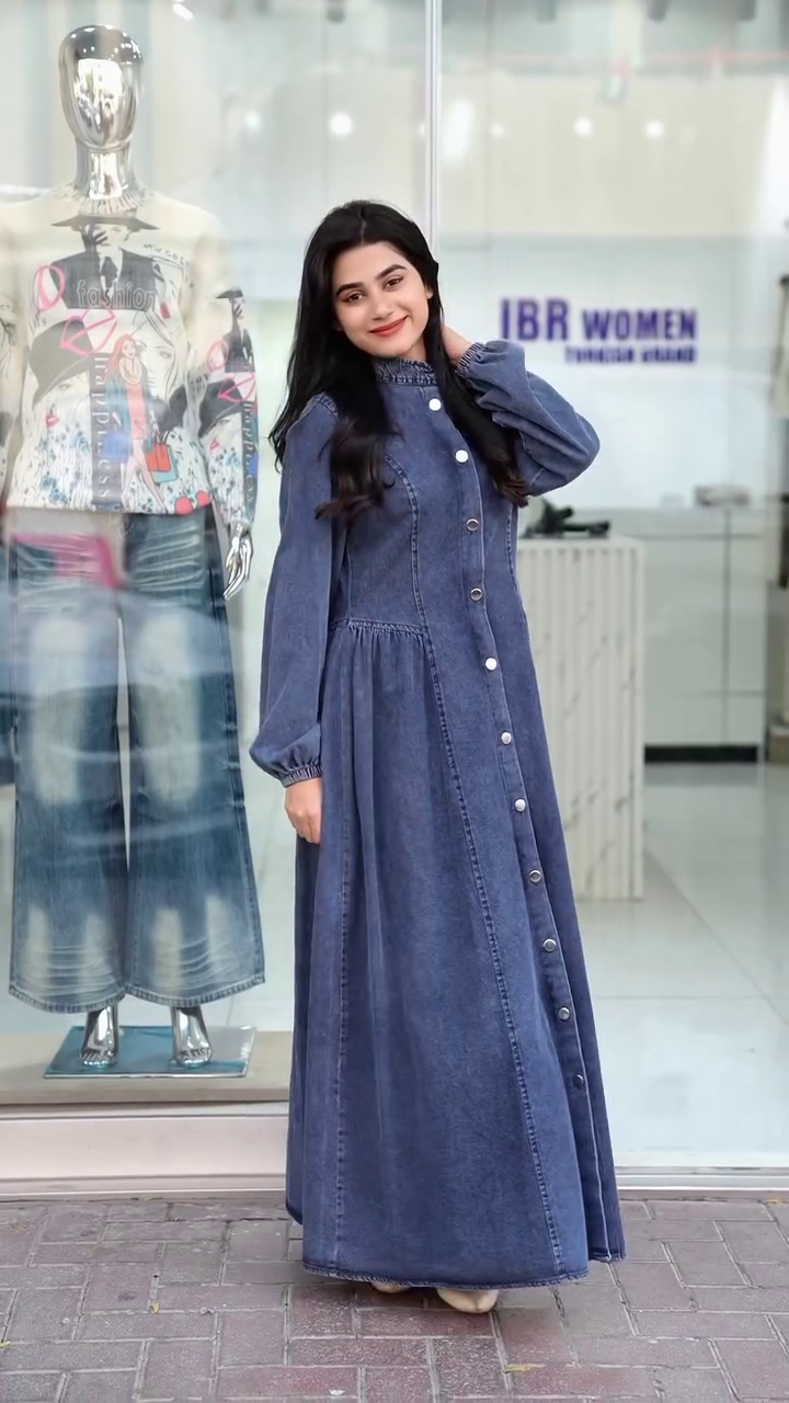 Full-Sleeve High-Collar Denim Dress with Ruffle Detailing and Flared Silhouette 👗👖💙🌟✨