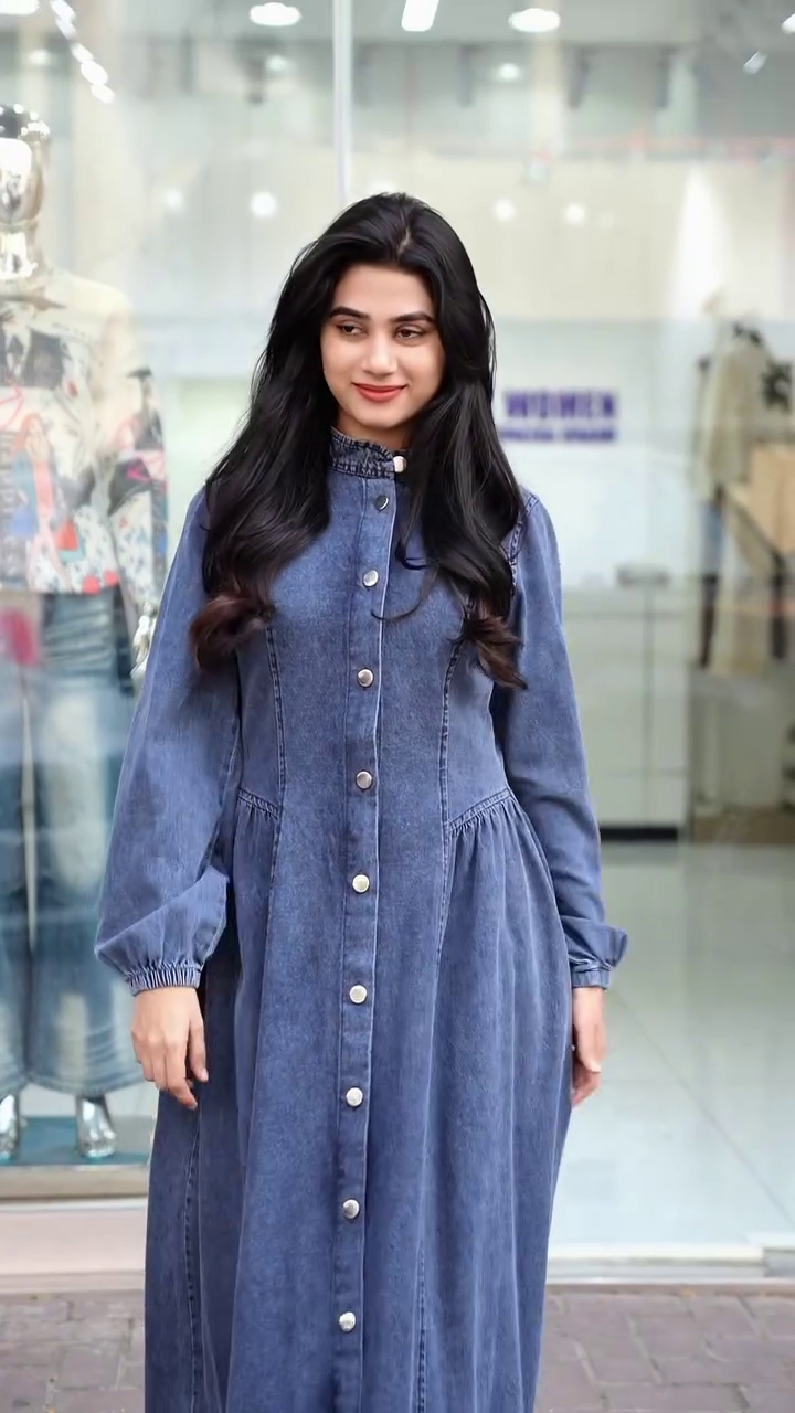 Full-Sleeve High-Collar Denim Dress with Ruffle Detailing and Flared Silhouette 👗👖💙🌟✨