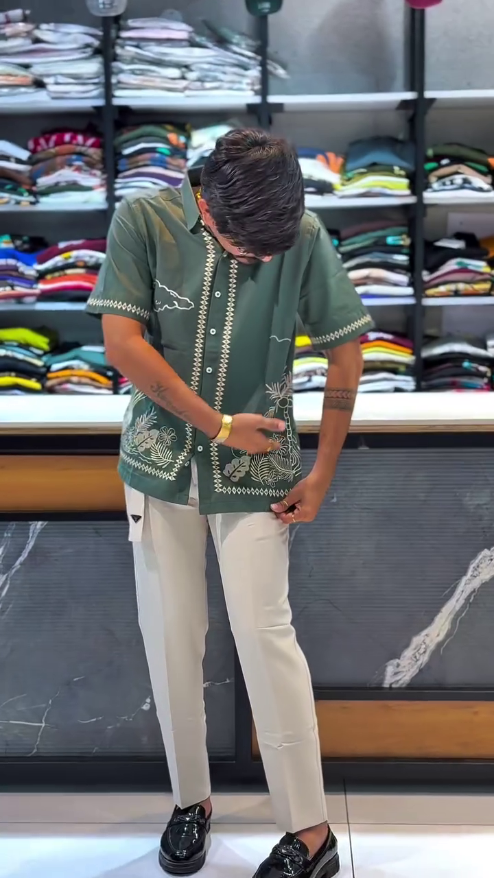 Light Brown Short-Sleeve Embroidered Shirt with Beige Tailored Pants and Black Dress Shoes 👕🤎🌿👖🤍✨