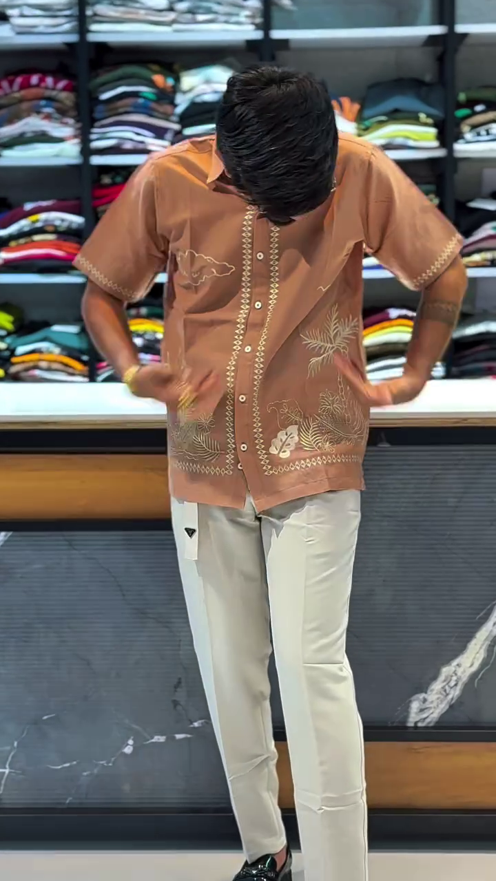 Light Brown Short-Sleeve Embroidered Shirt with Beige Tailored Pants and Black Dress Shoes 👕🤎🌿👖🤍✨