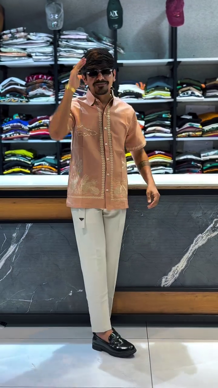 Light Brown Short-Sleeve Embroidered Shirt with Beige Tailored Pants and Black Dress Shoes 👕🤎🌿👖🤍✨