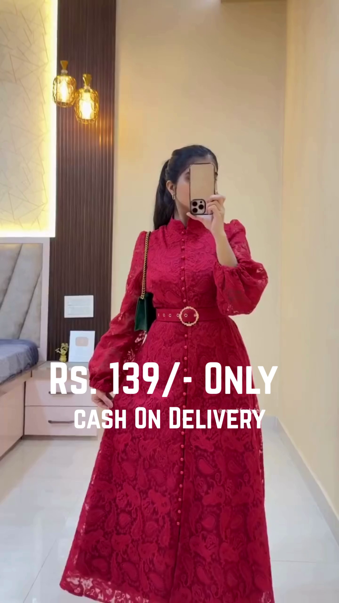 Long Red Lace High-Neck Dress with Full Sleeves, Belted Waist, and Floral Detailing 👗🍷🌹