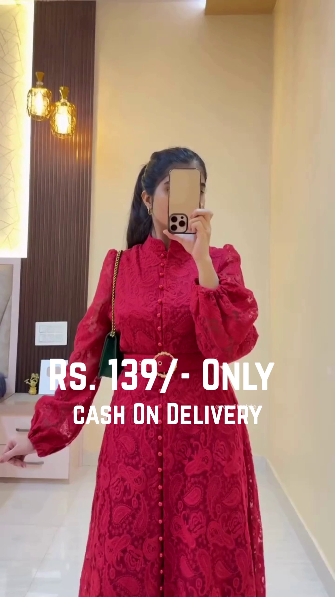 Long Red Lace High-Neck Dress with Full Sleeves, Belted Waist, and Floral Detailing 👗🍷🌹