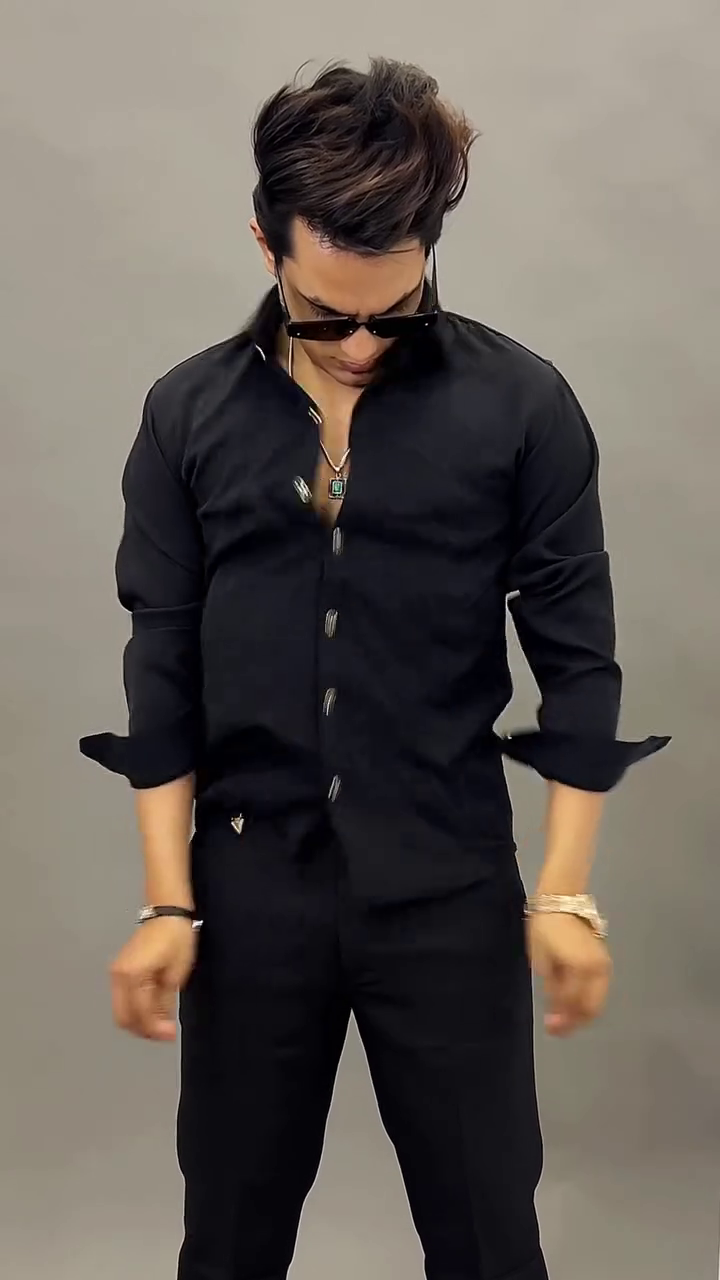 Dark Blue Rolled-Sleeve Button-Up Shirt with Black Pants, Sunglasses, and Gold Chain Accessories 👔🖤🌊✨🕶️