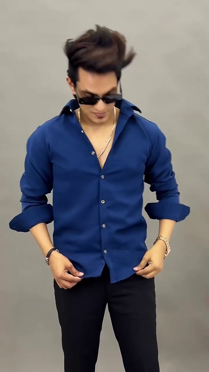 Dark Blue Rolled-Sleeve Button-Up Shirt with Black Pants, Sunglasses, and Gold Chain Accessories 👔🖤🌊✨🕶️