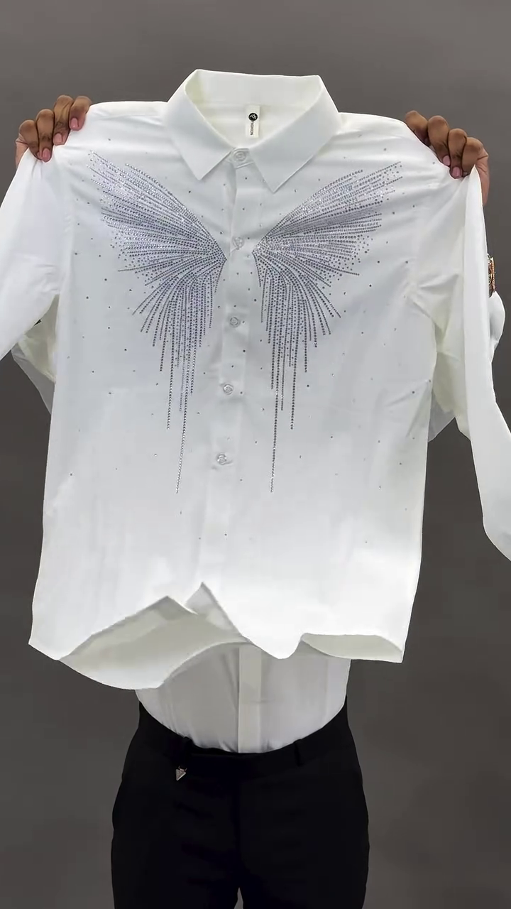 White Long-Sleeve Button-Up Shirt with Intricate Dragon Artwork in Circular Motion 🐉👕⚪139