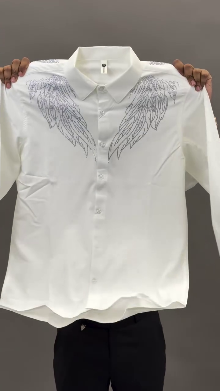 White Long-Sleeve Button-Up Shirt with Intricate Dragon Artwork in Circular Motion 🐉👕⚪139