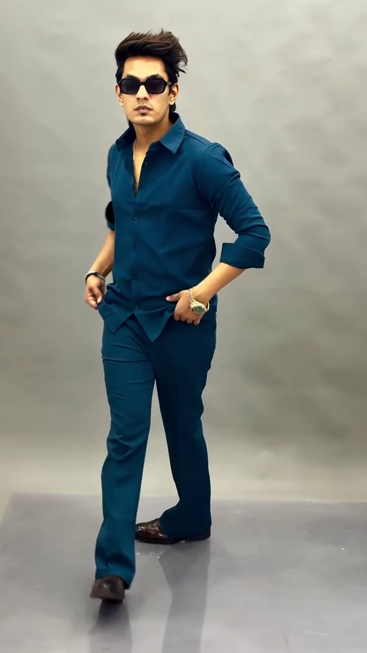 Teal Rolled-Sleeve Button-Up Shirt with Matching Teal Trousers and Brown Formal Shoes 👔👖🌊✨👞